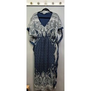 MPH Collection Kaftan Dress Womens 2X Blue Paisley V-Neck Maxi Butterfly Sleeve